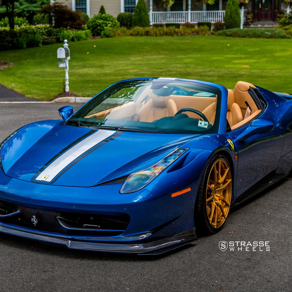 Blue Convertible Ferrari 458 with Carbon Fiber Front Lip - Photo by Strasse Forged