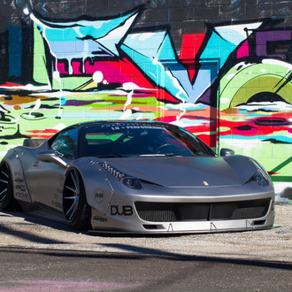 Liberty Walk Body Kit on Gray Debadged Ferrari 458 - Photo by Jimmy Crook