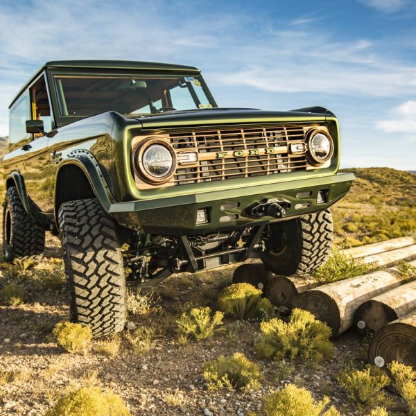 Green Ford Bronco with Off-Road Winch Front Bumper - Photo by Roadster Shop