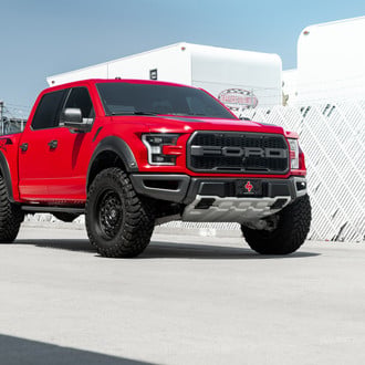 Red Ford F-150 with Custom Dark Smoke Headlights - Photo by Black Rhino Wheels