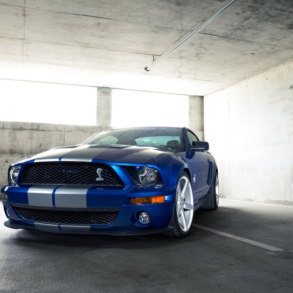 Custom Front Lip Spoiler on Blue Ford Mustang Shelby - Photo by Vossen