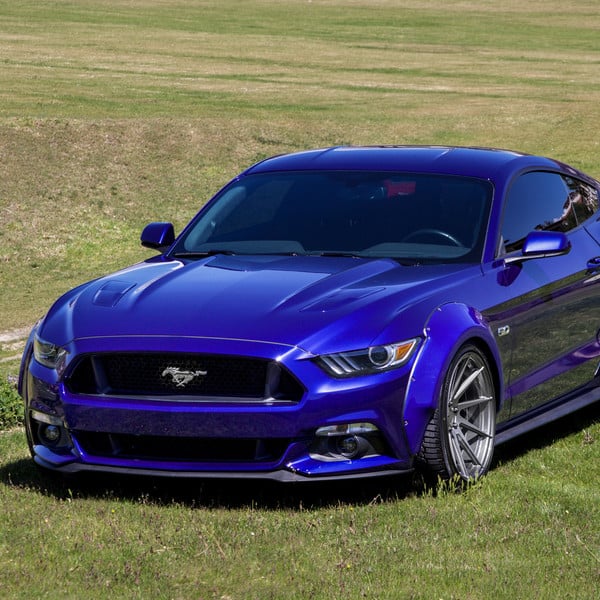 Custom Hood on Blue Ford Mustang 5.0 - Photo by Avant Garde Wheels