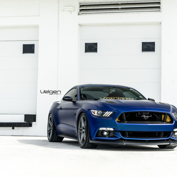 Blue Ford Mustang with Custom Front Lip - Photo by Velgen