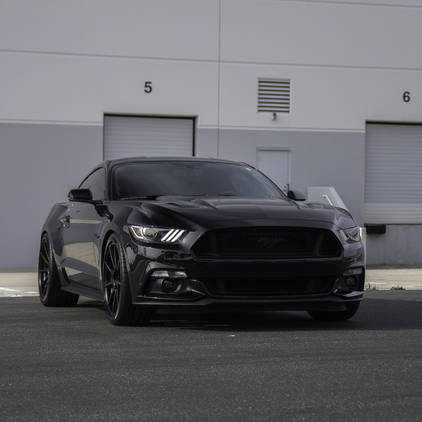 Front Bumper with Fog Lights on Black Ford Mustang - Photo by Zito Wheels