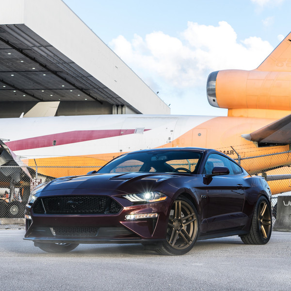 Burgundy Ford Mustang with Aftermarket Front Bumper - Photo by Velgen