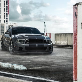 Front Bumper with Fog Lights on Gray Ford Mustang - Photo by Velgen