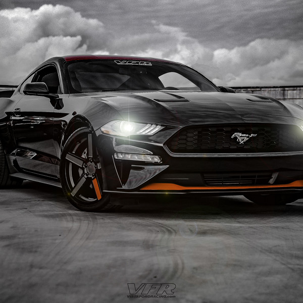 Black Ford Mustang with Aftermarket Vented Hood - Photo by TSW Alloy Wheels