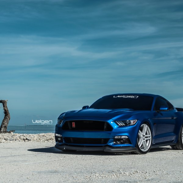 Blue Ford Mustang with Aftermarket Front Lip - Photo by Velgen