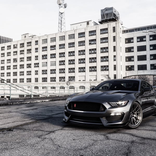 Black Ford Mustang with Aftermarket Mesh Grille - Photo by Forgiato