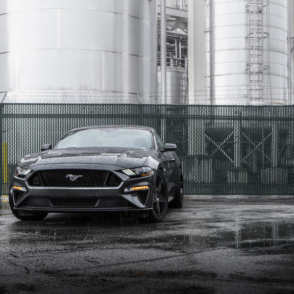 Front Bumper with LED Lights on Gray Ford Mustang - Photo by Blaque Diamond Wheels