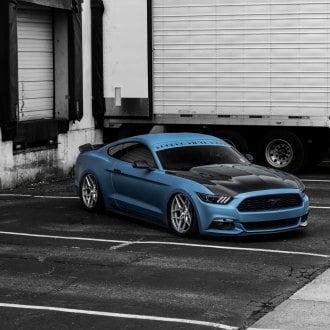 Blue Stanced Ford Mustang with Custom Hood - Photo by Rohana Wheels