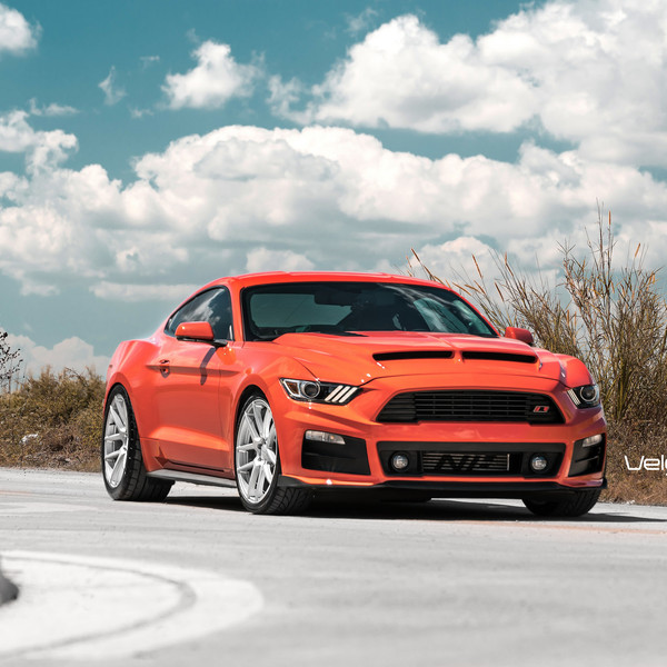 Comp Orange Ford Mustang on Velgen VMB5 Satin Silver Wheels - Photo by Velgen