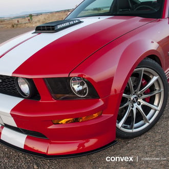 Shaker Hood On a Red Mustang GT With White Stripes - Photo by ACE Alloy