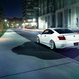 Lowered White Honda Accord with Custom Rear Lip Spoiler - Photo by Vossen