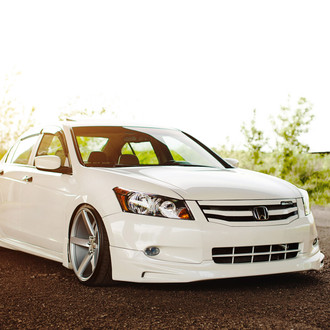 White Stanced Honda Accord with Custom Front Lip - Photo by Vossen