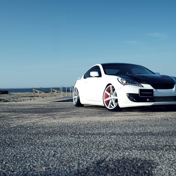 White Hyundai Genesis Coupe with Custom Black Hood - Photo by Vossen