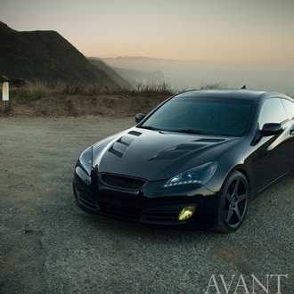 Custom Vented Hood on Black Hyundai Genesis Coupe - Photo by Avant Garde Wheels