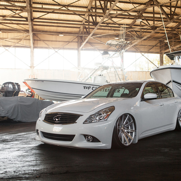 Custom Headlights on White Lowered Infiniti G37 - Photo by Vossen