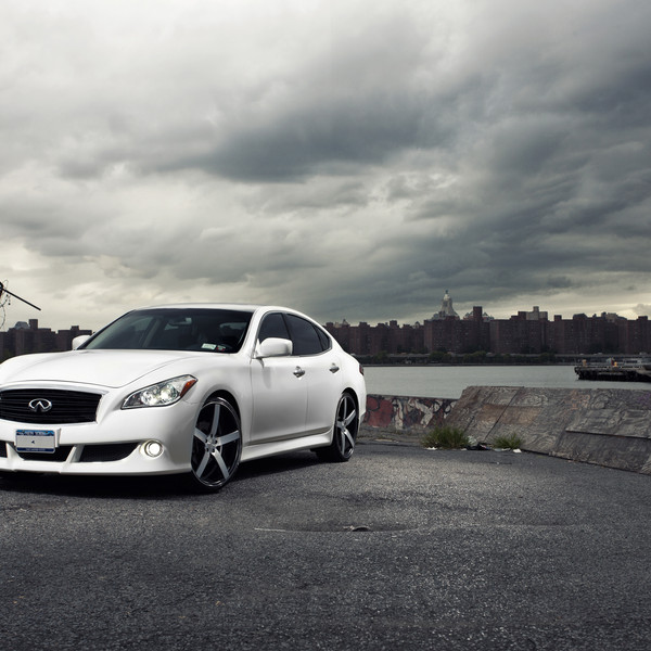 Front Bumper with LED Fog Lights on White Infiniti M37 - Photo by Vossen