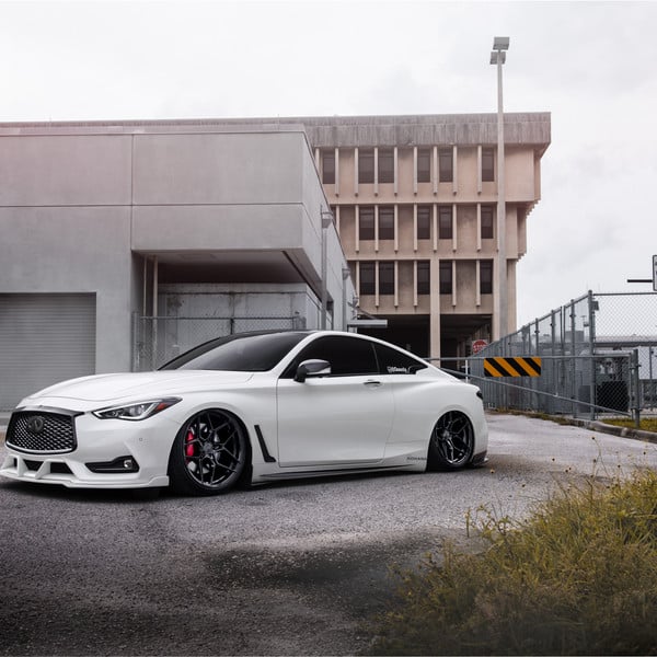 Blacked Out Mesh Grille on White Stanced Infiniti Q60 - Photo by Rohana Wheels