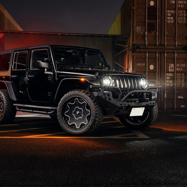 Black Jeep Wrangler with Off-Road Front Bumper - Photo by Forgiato