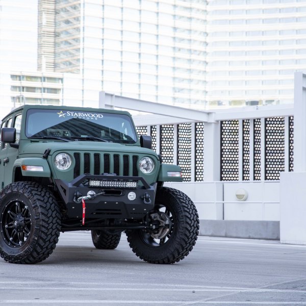 Off-Road Front Winch Bumper on Green Jeep Wrangler  - Photo by Jimmy Crook