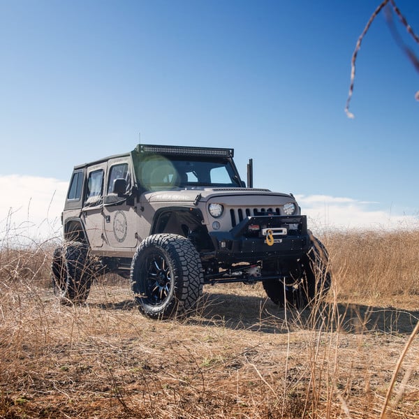Off-Road Winch Front Bumper on Gray Jeep Wrangler - Photo by Black Rhino