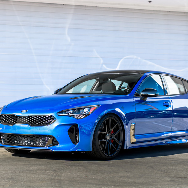 Custom Mesh Grille on Blue Kia Stinger - Photo by Ace Alloy Wheels