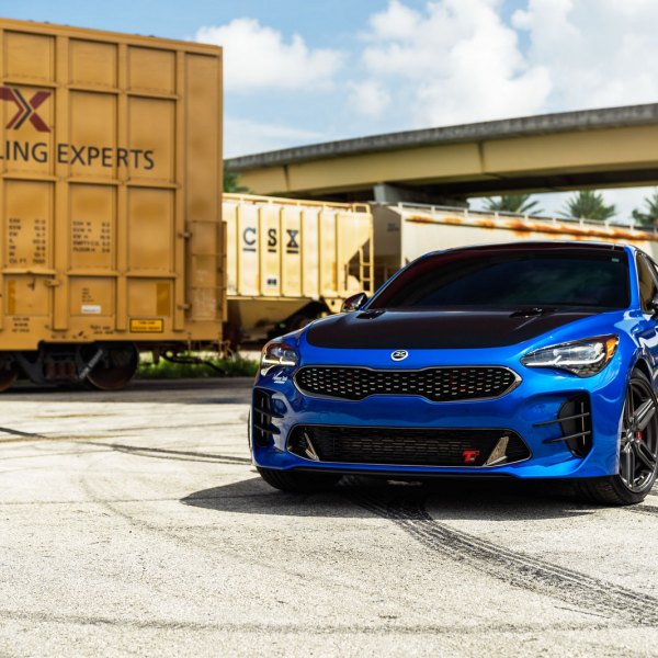 Aftermarket Vented Hood on Blue Kia Stinger - Photo by Vossen