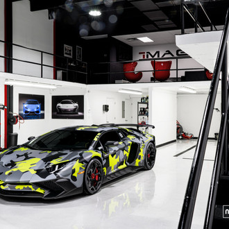 Toxic Camo Wrapped Lamborghini Aventador on the Showroom Floor - Photo by Vossen