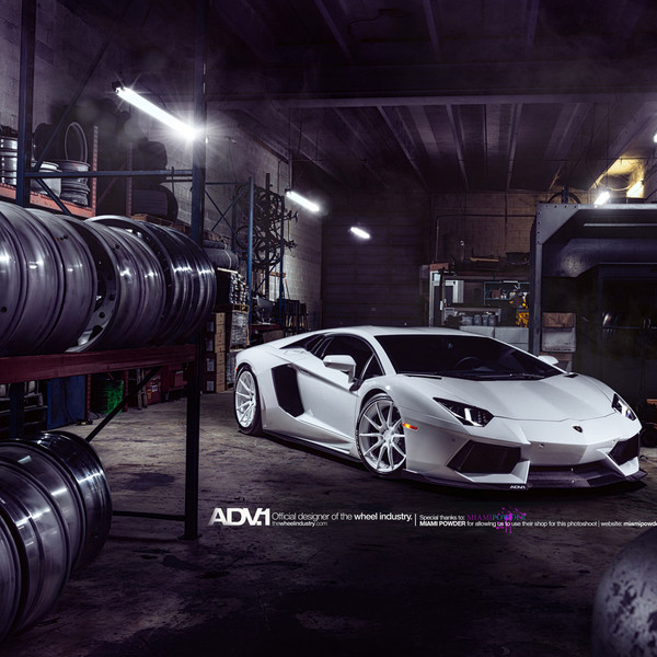Carbon Fiber Front Lip on White Lamborghini Aventador LP - Photo by ADV.1