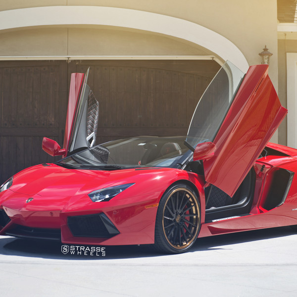 Red Lamborghini Aventador with Custom Vertical Doors - Photo by Strasse Forged