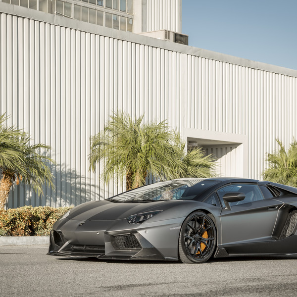 Carbon Fiber Front Lip on Gray Lamborghini Aventador - Photo by Vorstiner