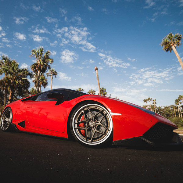 Carbon Fiber Front Lip on Red Lamborghini Huracan - Photo by Brixton Forged Wheels
