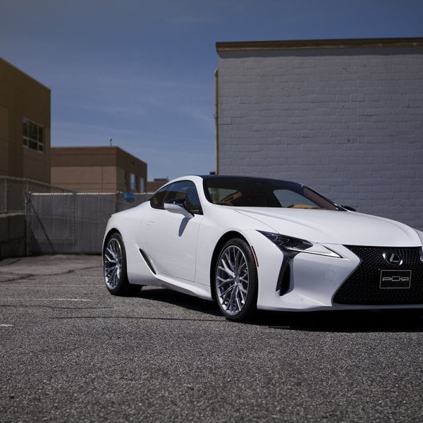 Dark Smoke Headlights on White Lexus LC - Photo by PUR Wheels