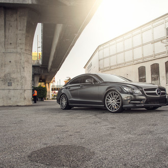 Gray Metallic Mercedes CLS with Custom Headlights - Photo by Vossen