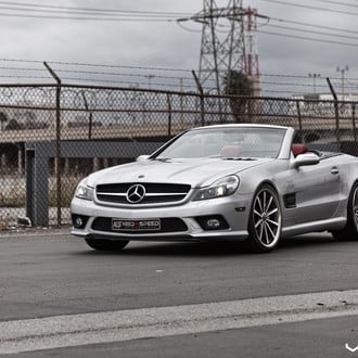 Silver Convertible Mercedes SL with Custom Front Lip - Photo by Vossen
