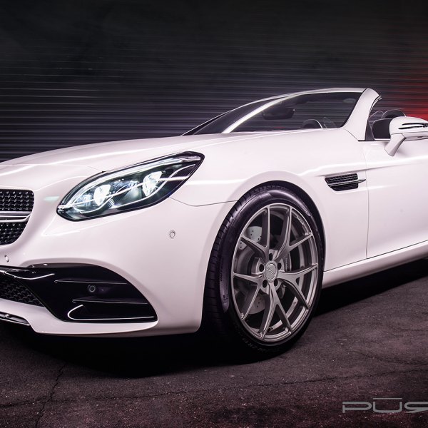 White Convertible Mercedes SLC Class with Custom Headlights - Photo by PUR Wheels