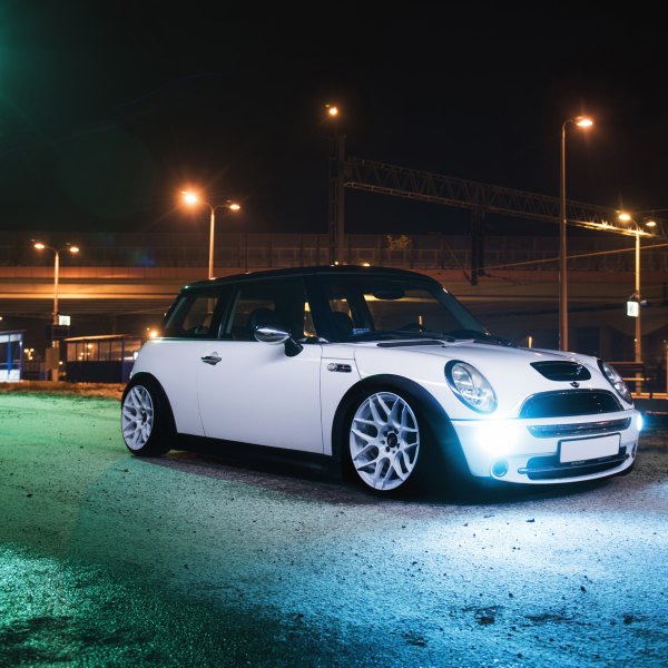 Front Bumper with Fog Lights on White Mini Cooper - Photo by JR Wheels