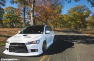 White Stanced Mitsubishi Evolution Gets a Distinctive Look with Custom Front Lip