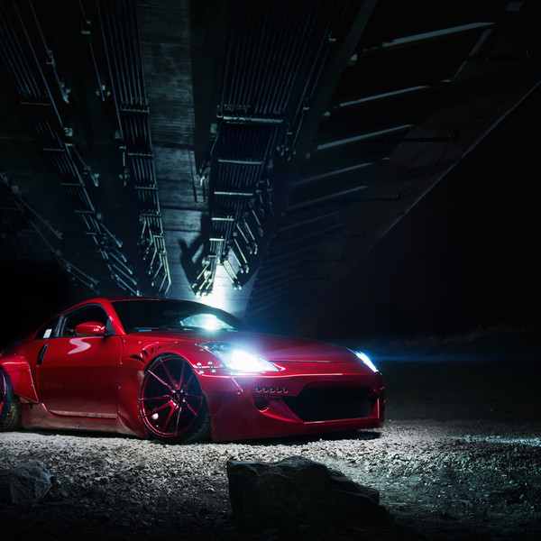 Liberty Walk Body Kit on Red Nissan 350Z - Photo by JR Wheels