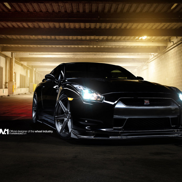 Carbon Fiber Front Lip on Custom Black Nissan GT-R - Photo by ADV.1