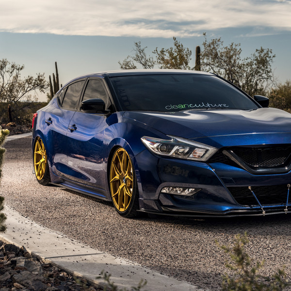 Custom Front Bumper Lip Spoiler on Blue Nissan Maxima - Photo by Rohana Wheels
