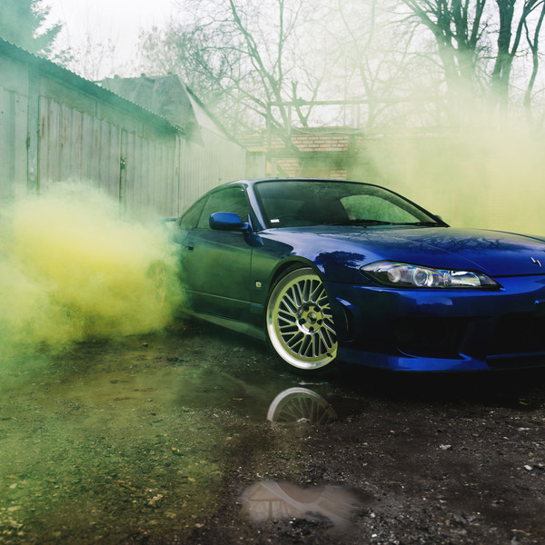 Custom Projector Headlights on Blue Nissan Silvia - Photo by JR Wheels