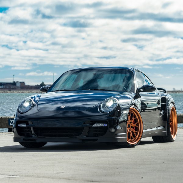 Front Bumper with LED Lights on Black Porsche 911 Turbo - Photo by Brixton Forged Wheels