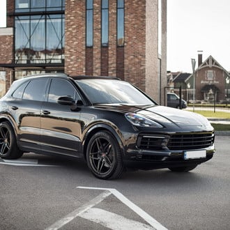 Dark Smoke Headlights on Black Porsche Cayenne - Photo by Vossen