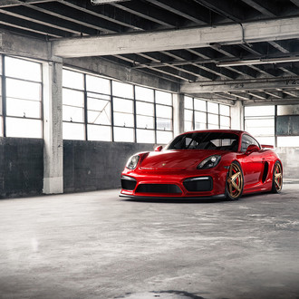 Dark Smoke Headlights on Red Porsche Cayman - Photo by Forgiato