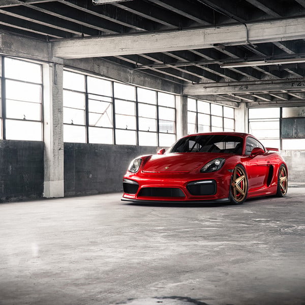 Dark Smoke Headlights on Red Porsche Cayman - Photo by Forgiato