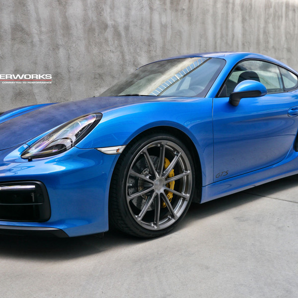 Dark Smoke Headlights on Blue Porsche Cayman - Photo by Forgeline Motorsports