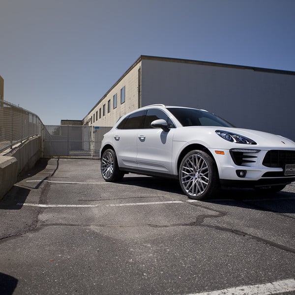 Front Bumper with Fog Lights on White Porsche Macan - Photo by PUR Wheels